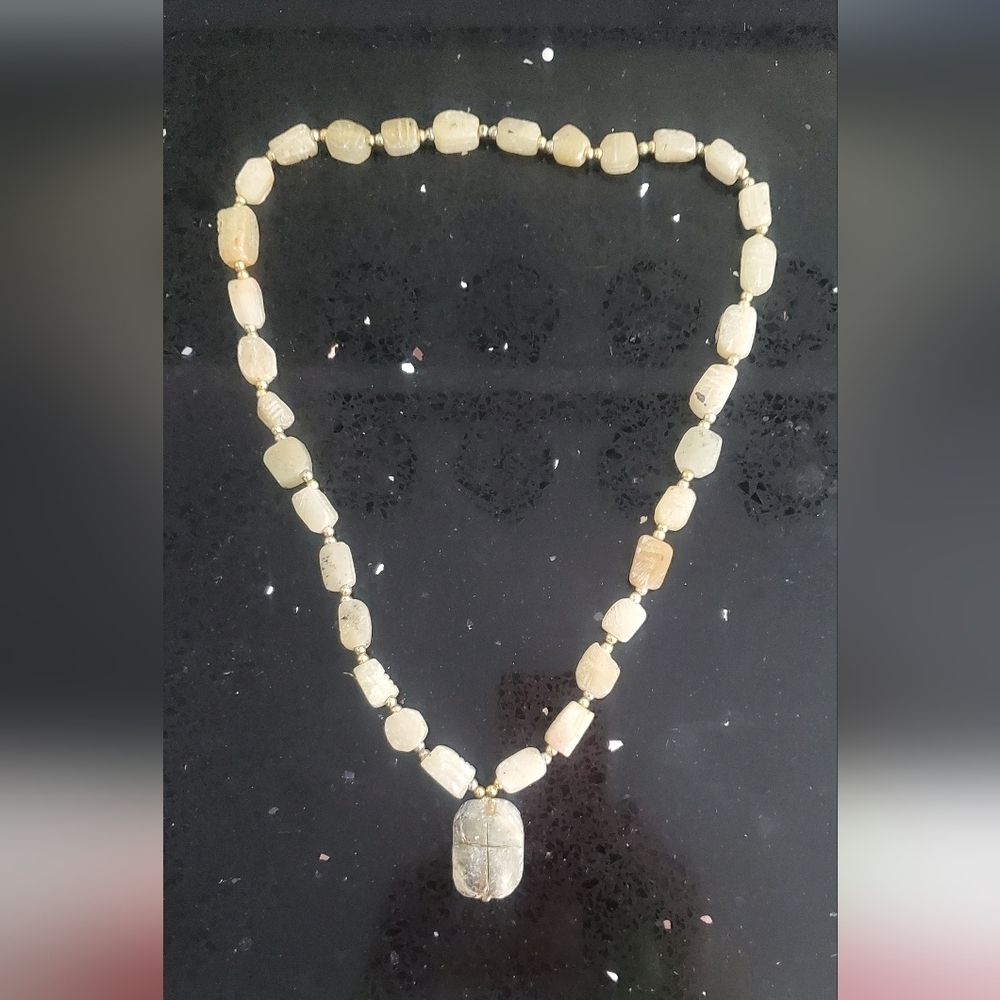 Vintage 70s Soapstone Carved Scarab Beaded Necklace Egyptian Revival Neutral